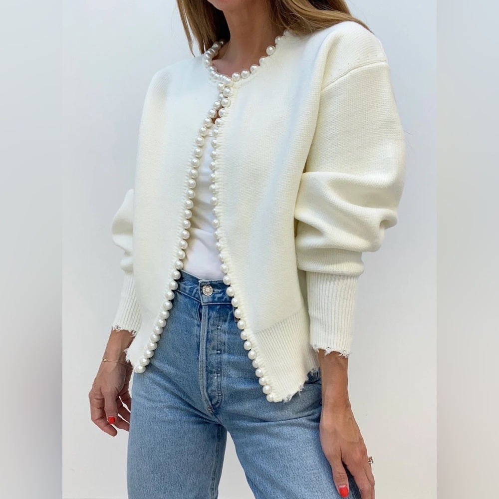 Commense Pearl Trim Ripped Hem Cardigan